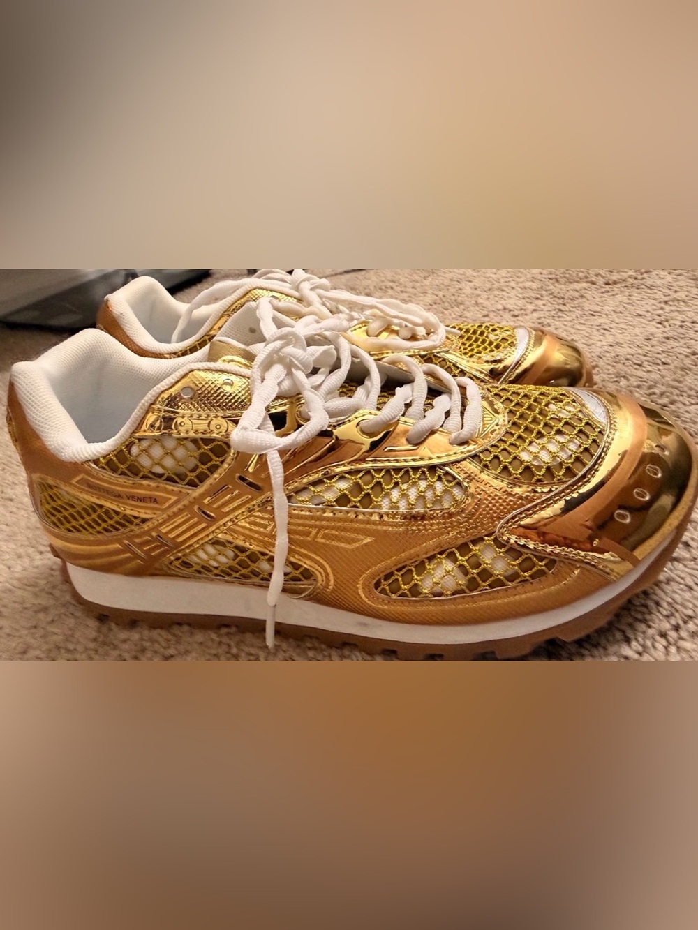 Bottega Veneta Orbit Gold Metallic Lace-Up Sneakers